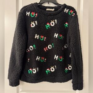 #1774 - Chance or Fate Holiday Black Teddy Bear Faux Fleece Sequin Ho Ho Ho Top